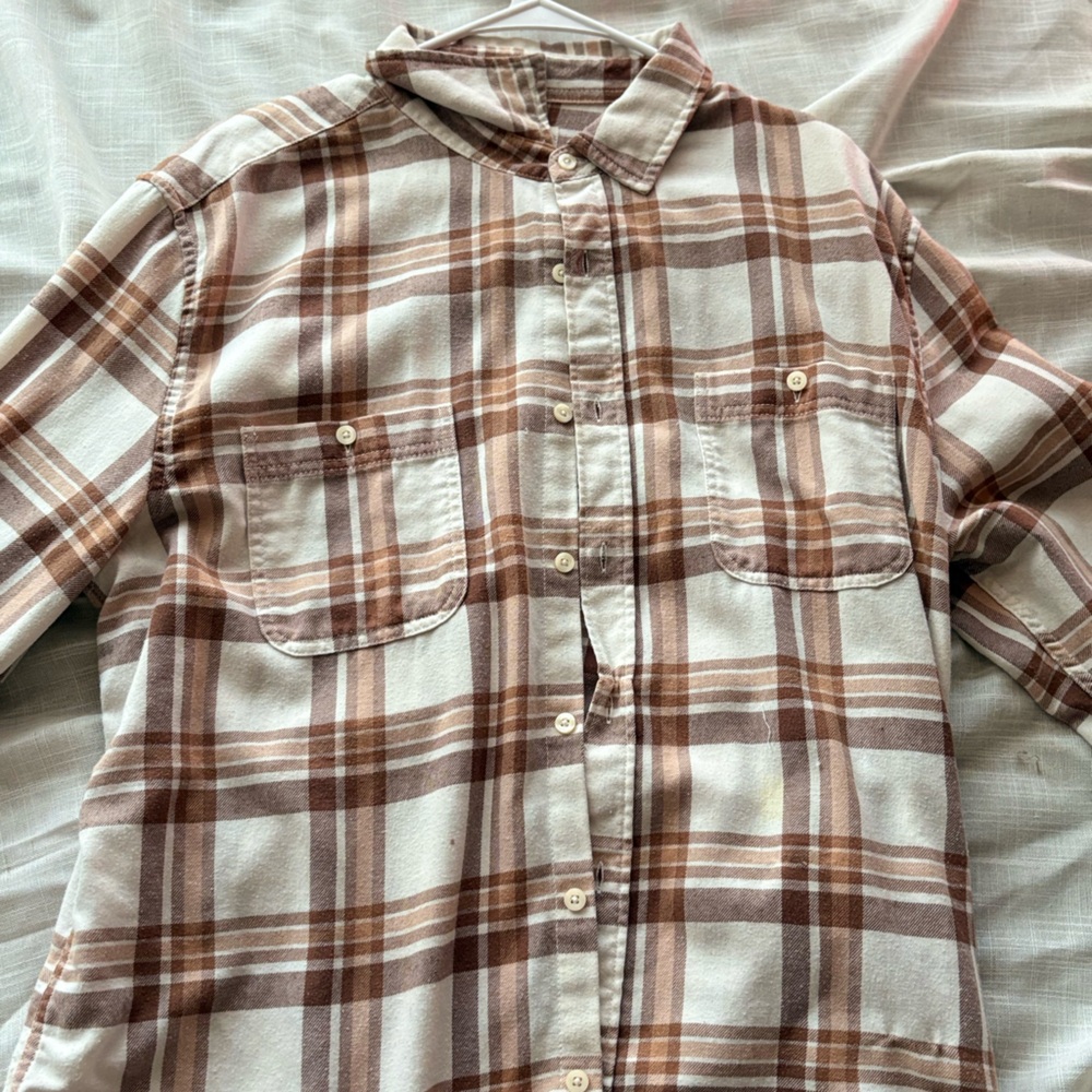 Aeropostale Women's Tan and Brown Plaid Shirt